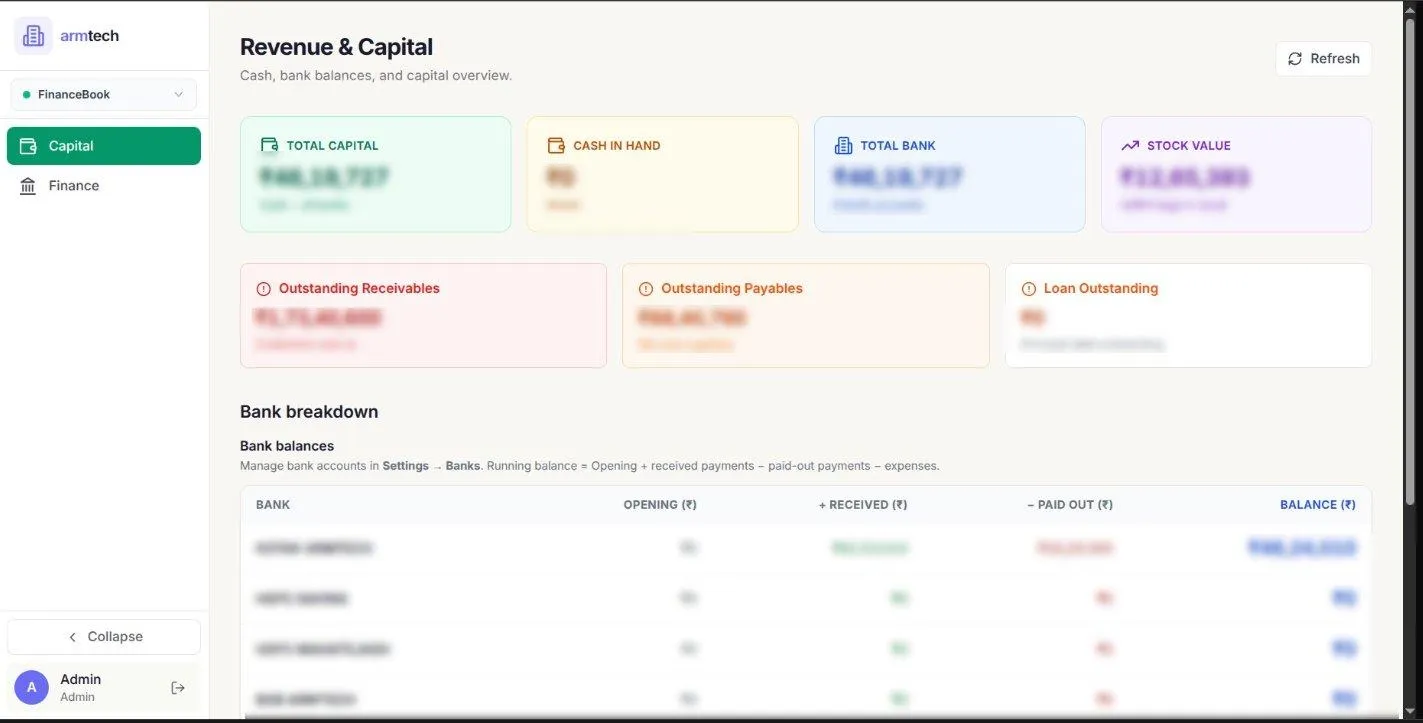 FinanceBook — Revenue & Capital, bank breakdown, receivables & payables