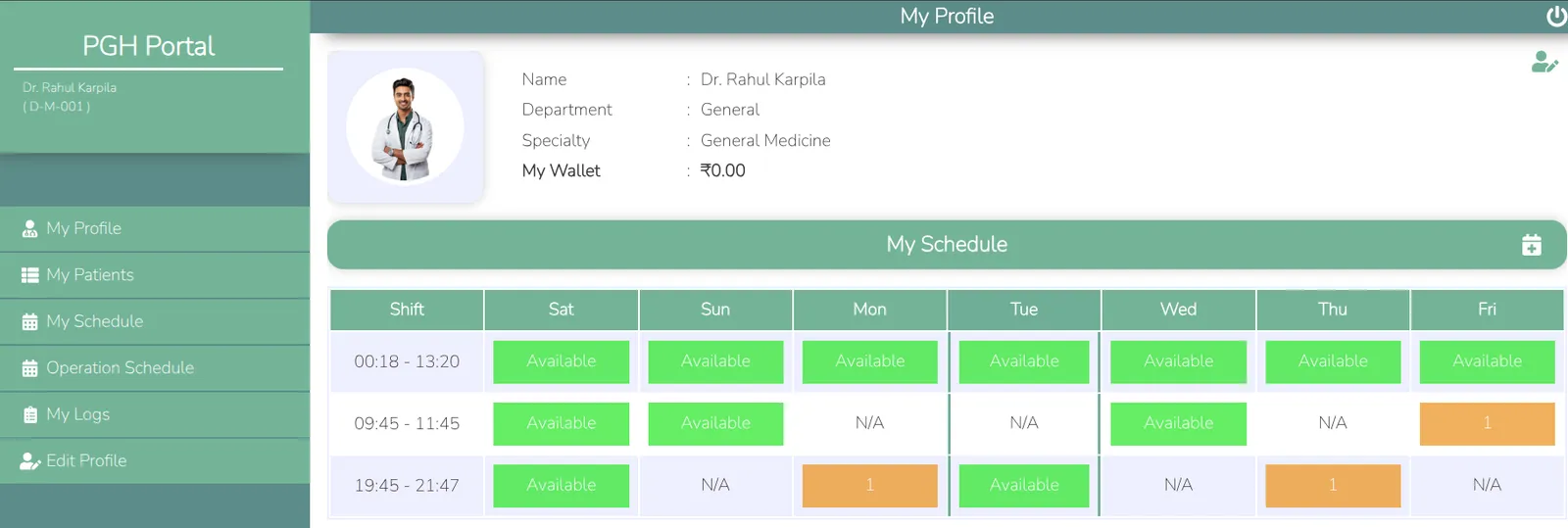 Doctor portal — weekly availability, patients, operation schedule & wallet