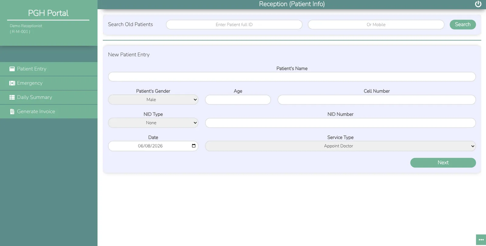 Reception — intake, emergency & invoicing