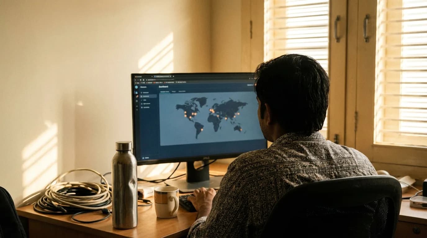 An engineer reviewing the map of where the studio's systems run