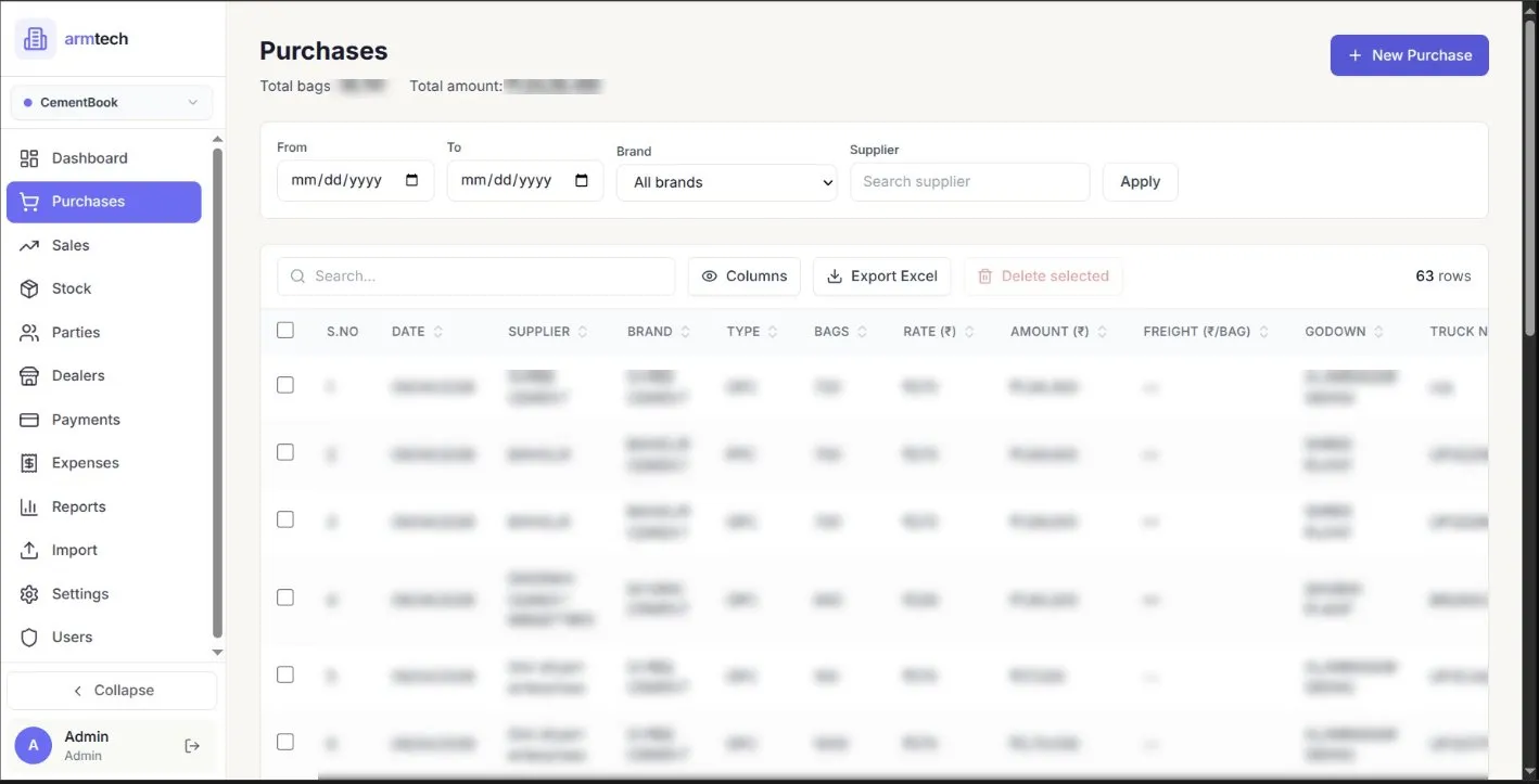 Purchases — 63 rows, filterable by date, brand & supplier with Excel export
