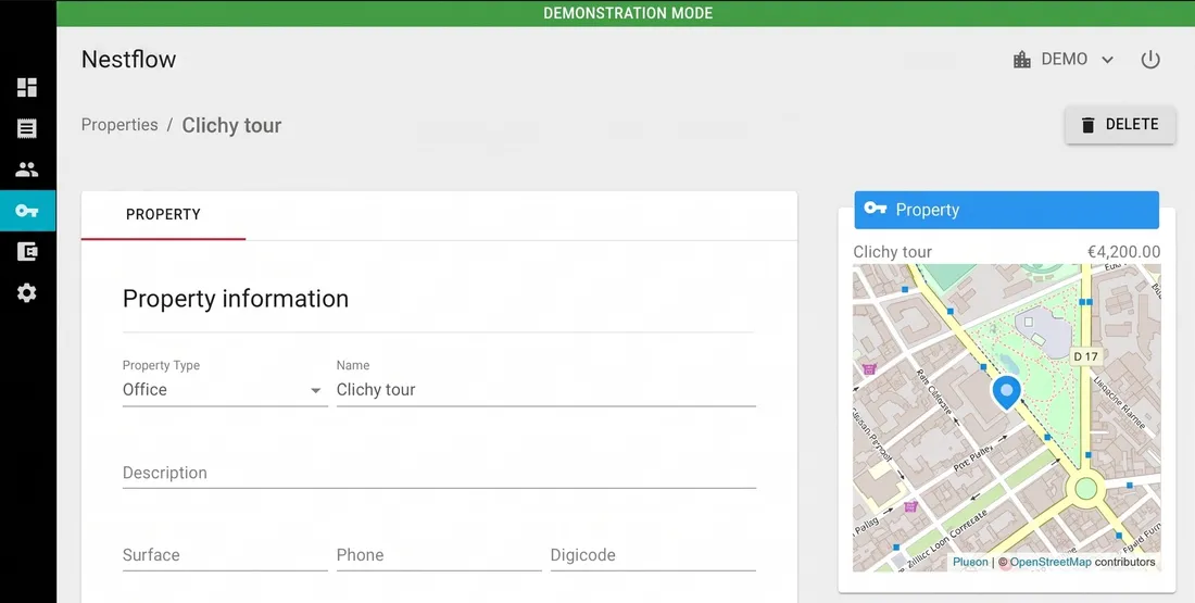 Property detail — type, name, map location via OpenStreetMap